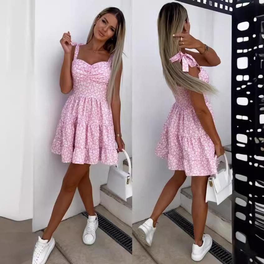 Women's Summer Mini Dress Spaghetti Strap Printed Skirt Dress Loose Pleated Dress