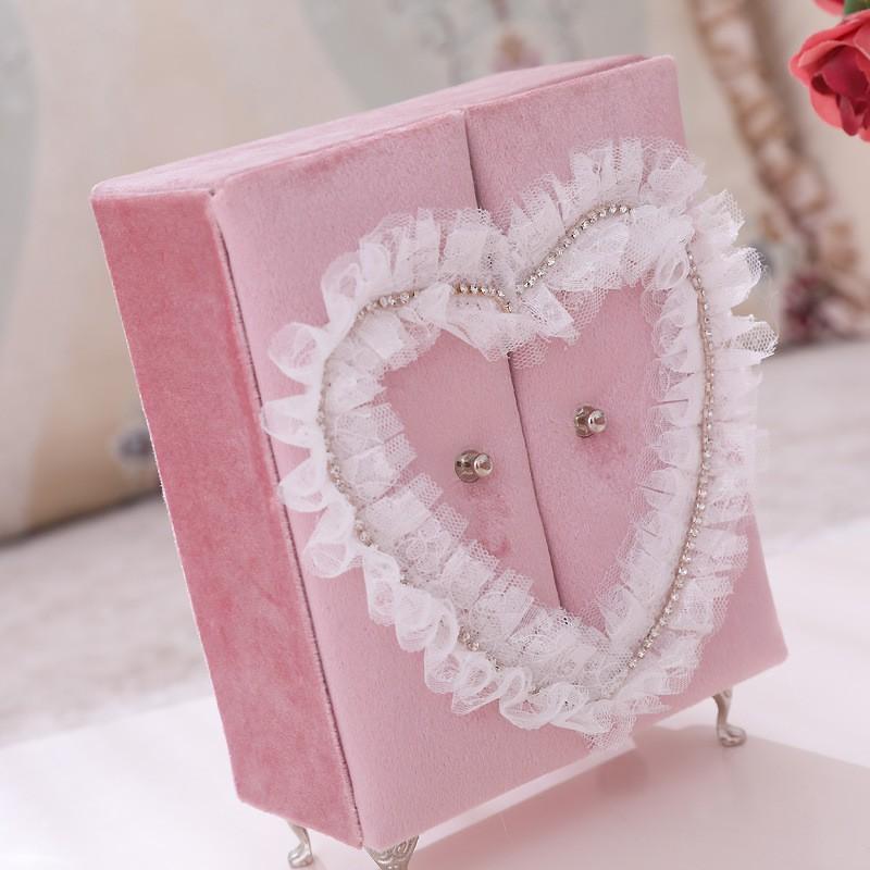 Luxury Velvet Jewelry Box With Rhinestone Lace Trim Pink Fabric Storage Case Necklaces Earrings