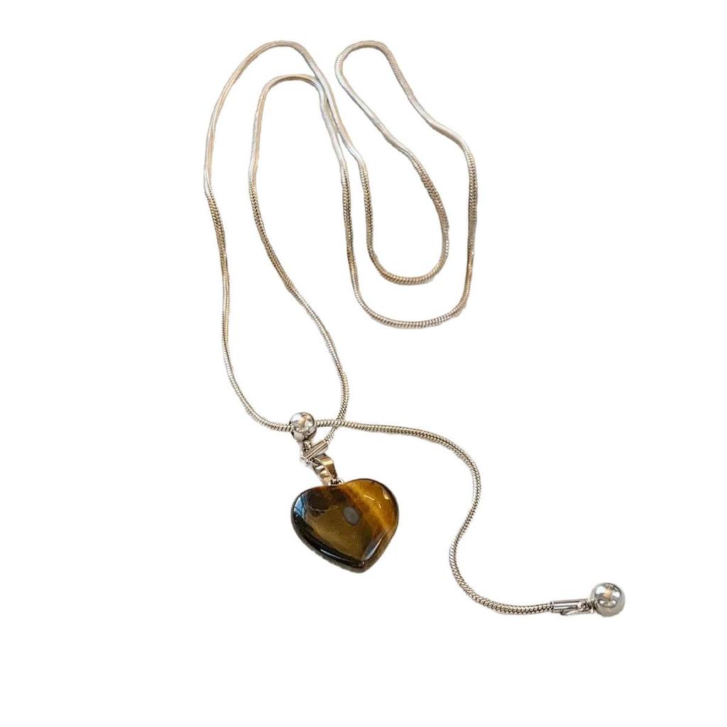Tiger Eye Heart Pendant Long Necklace - Elegant Autumn/Winter Fashion Sweater Chain for Women