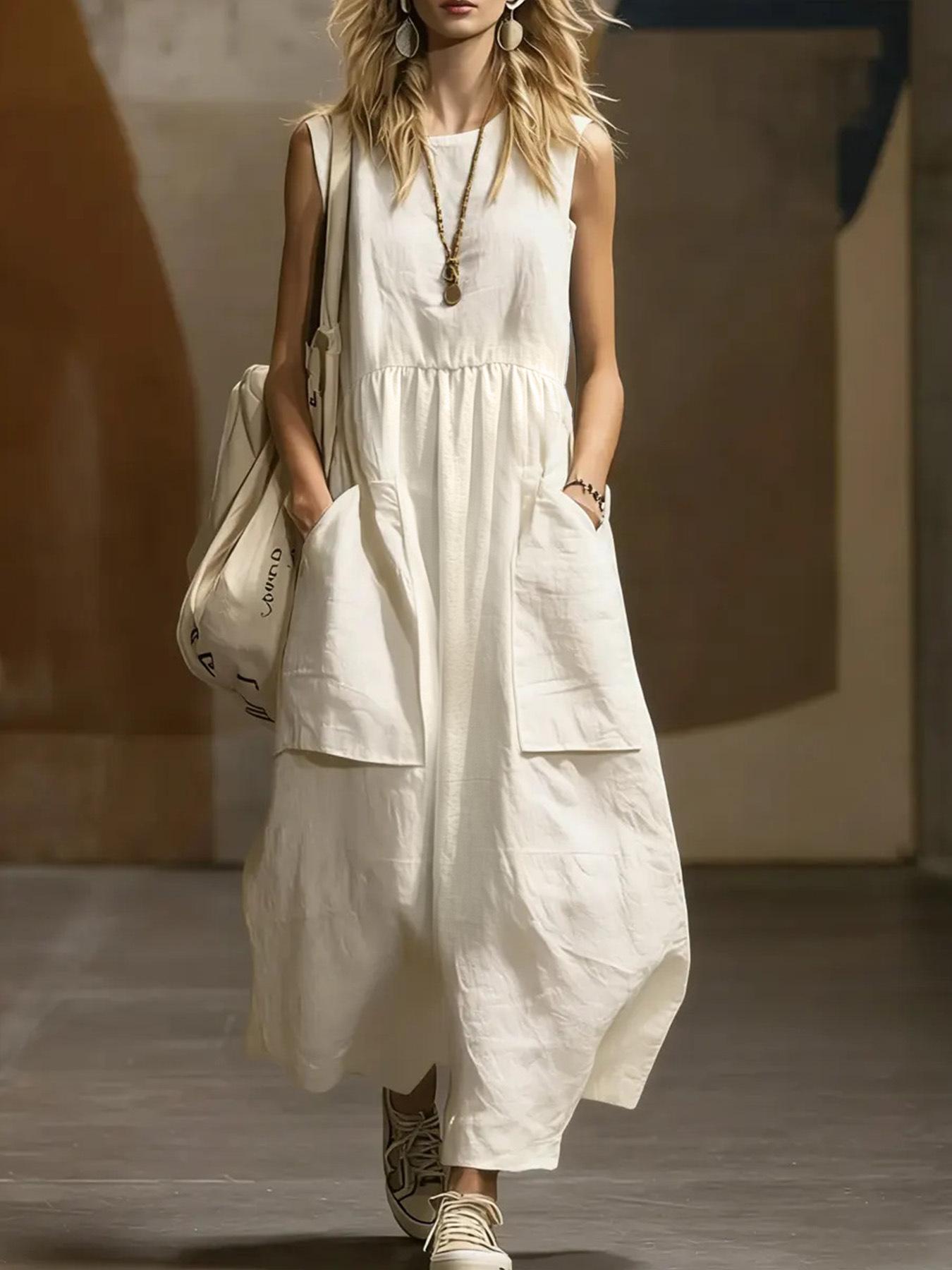 2026 European and American Independent Station Spring and Summer Women s Loose and Simple Sleeveless Pocket Cotton and Linen Dress S