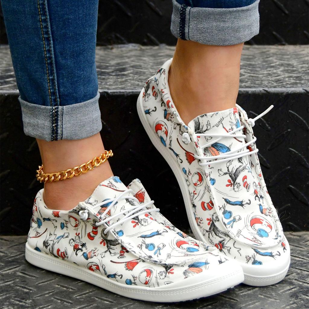 Women's Cartoon Print Flat Loafers, Lightweight Round Toe Comfortable Lace Up Slip On Canvas Shoes, Casual Low Top Shoes