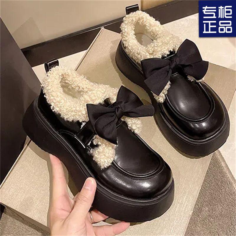 Lazy winter thick-soled muffin bow velvet small leather shoes women's autumn and winter warm and comfortable cotton