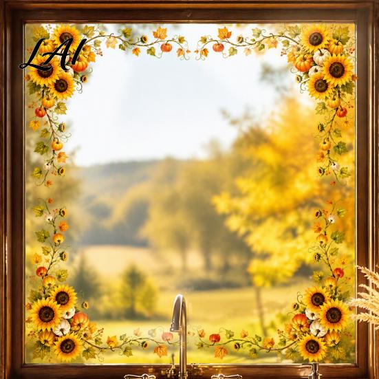Fall Shop Window Display Harvest Festival Static Glass Sticker Autumn Clings with Maple Leaves Sunflowers And Home Ornaments Berries Prints Reusable