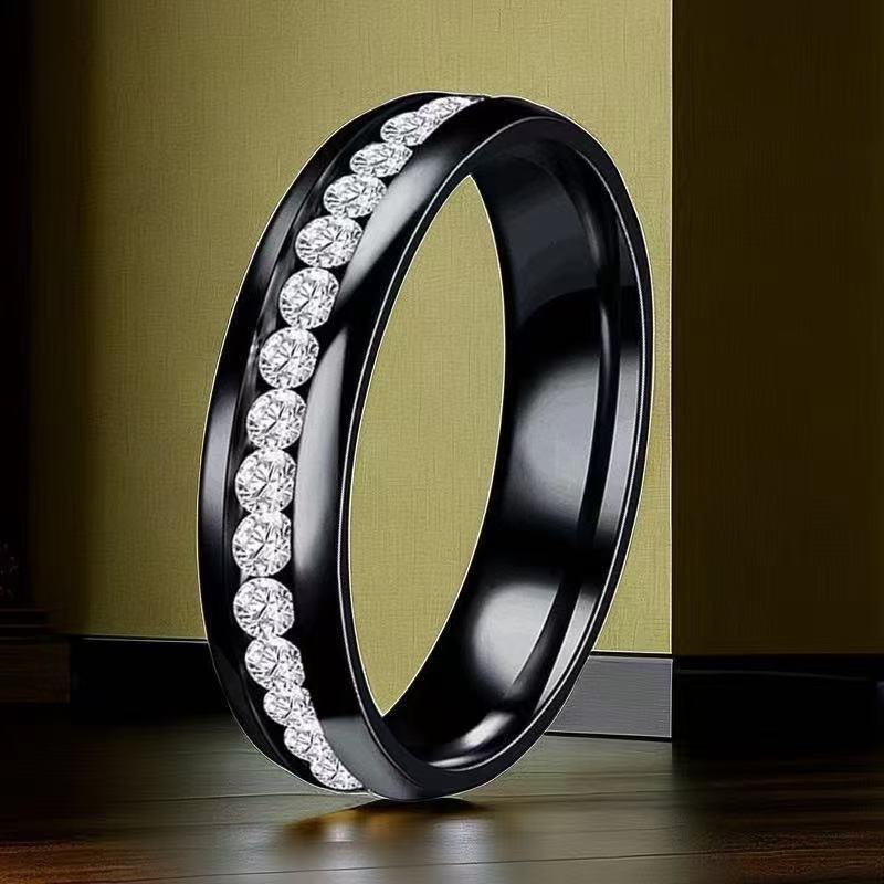 Stainless Steel Ring with Star-Inlaid Diamonds, Fade-Resistant, Titanium Finish