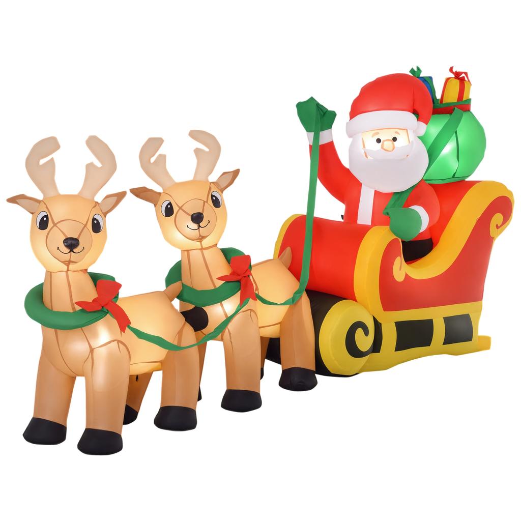 Inflatable LED Santa Claus, Dimensions 240L X 57W X 112H Cm, with Sleigh, Reindeer, and Hood. 6 LEDs. Waterproof Polyester.