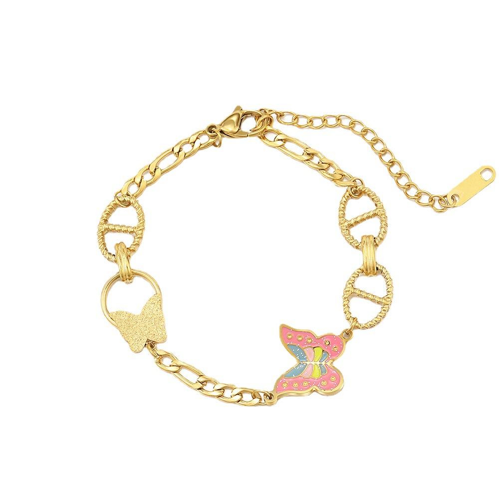 Cross-border explosion pink oil drop butterfly bracelet ins niche design high-end 18K gold stainless steel bracelet
