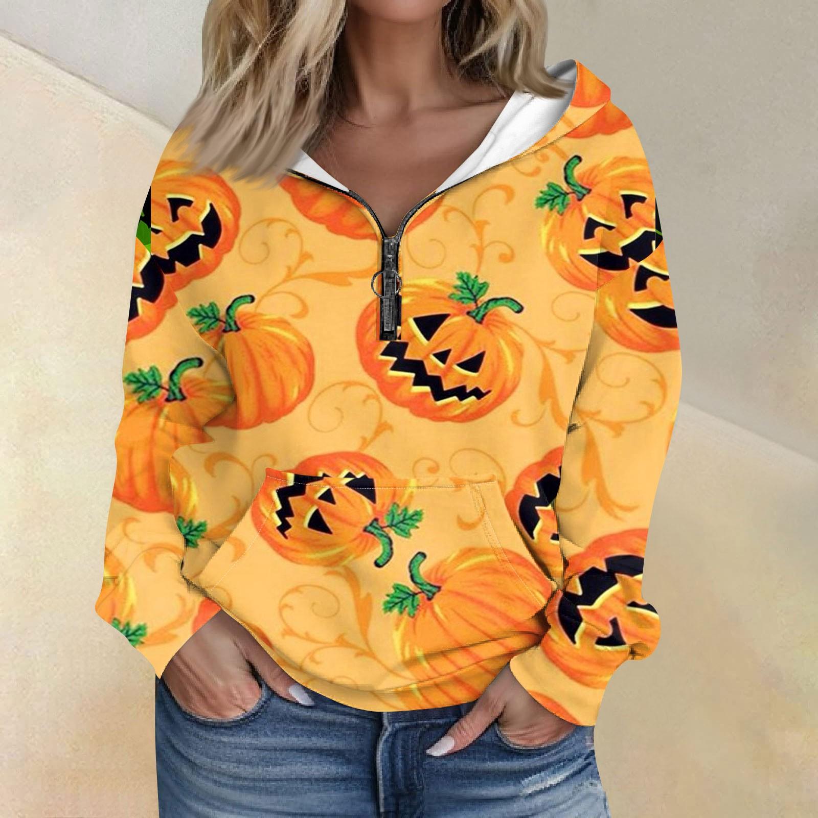 

Женская толстовка с капюшоном с принтом Хэллоуина, длинными рукавами, карманами, свободной застежкой-молнией XL жёлтый