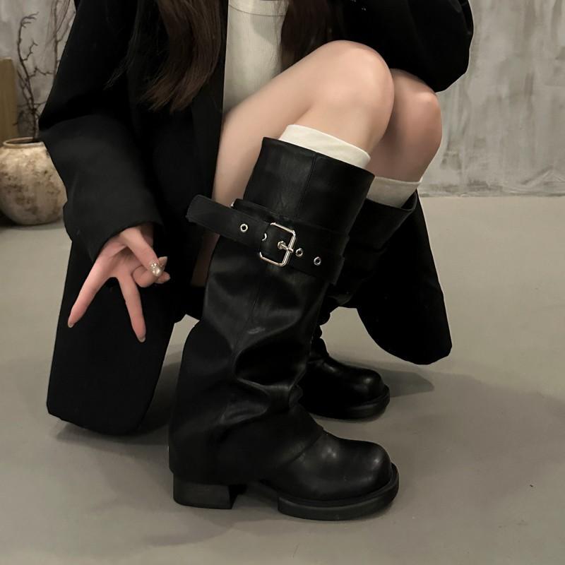 Boots Knight boots but belt buckle trouser tube folds removable new black pile boots women's high knee