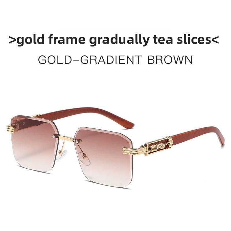 Leopard Theme Minimalist Metal Frame Square Sunglasses With Gray Lenses For Travel And Parties