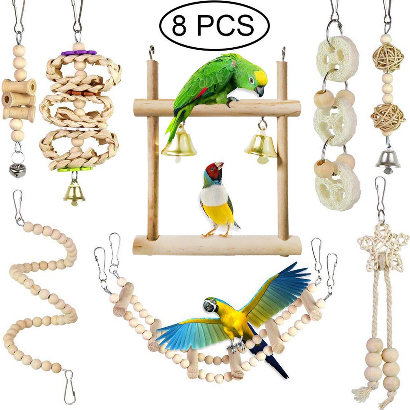 

Colorful Bird Chew Toys 8Pcs Wooden Bird Cage Accessories Teething Toy