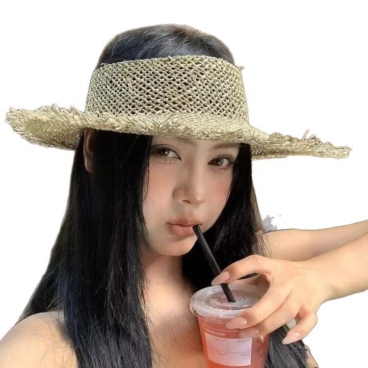 New Salty Grass Hat Vacation Summer Visor Flower Straw Hat Empty Top Hat Burr Seagrass Women Hand Knitted Sun Protection