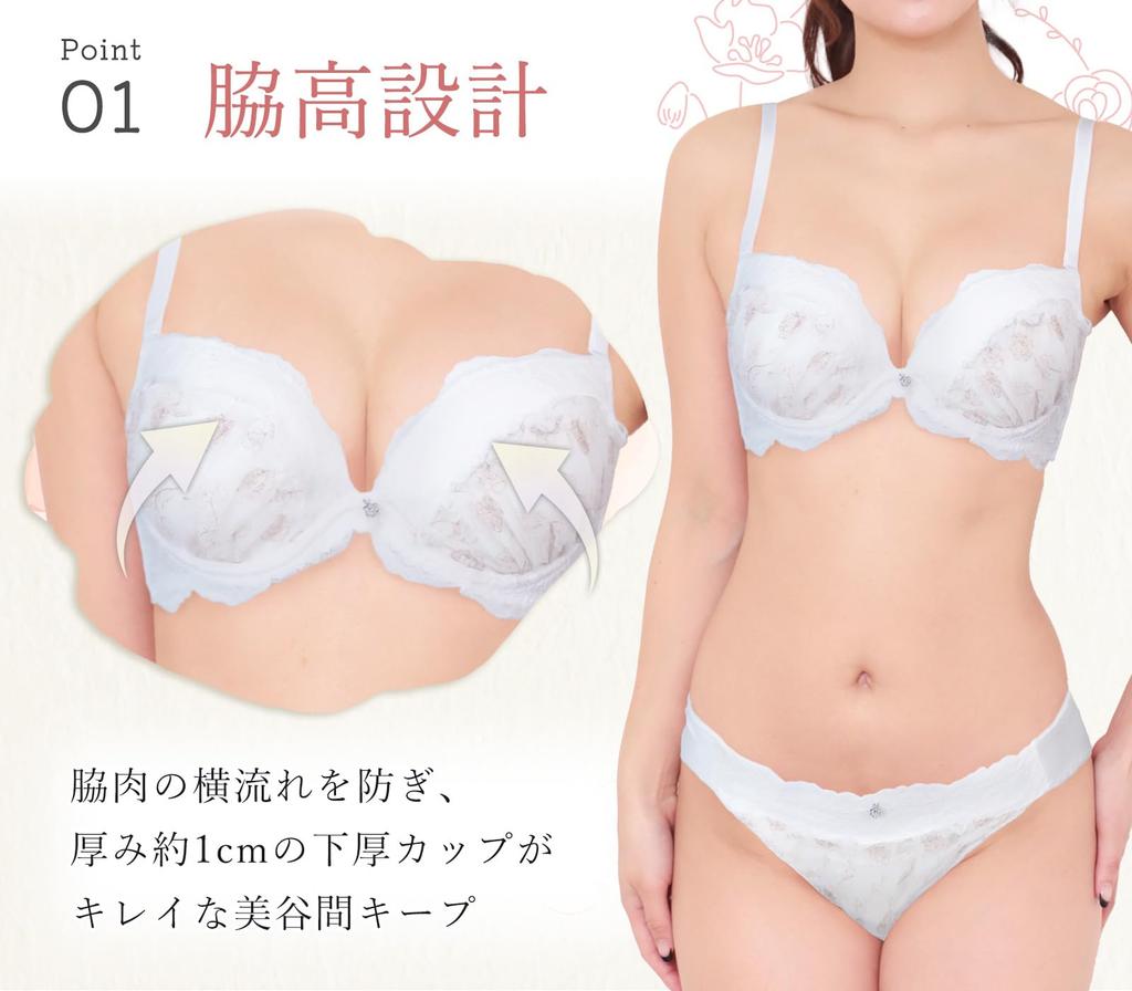 Laurea Acoa Coa Navy C65 Bra and Panty Floral Embroidered Underwear Women's Set, Lace, High-Back