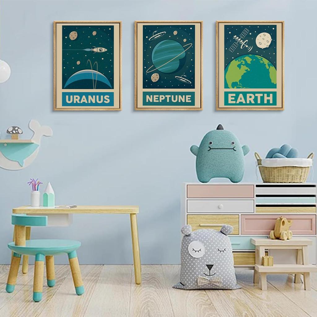 9pcs Retro Solar System Wall Art Nursery Space Pictures Retrospace Galaxy Wall Decor Outer Space Paintings Prints Sci-Fi Planet Posters for Boys