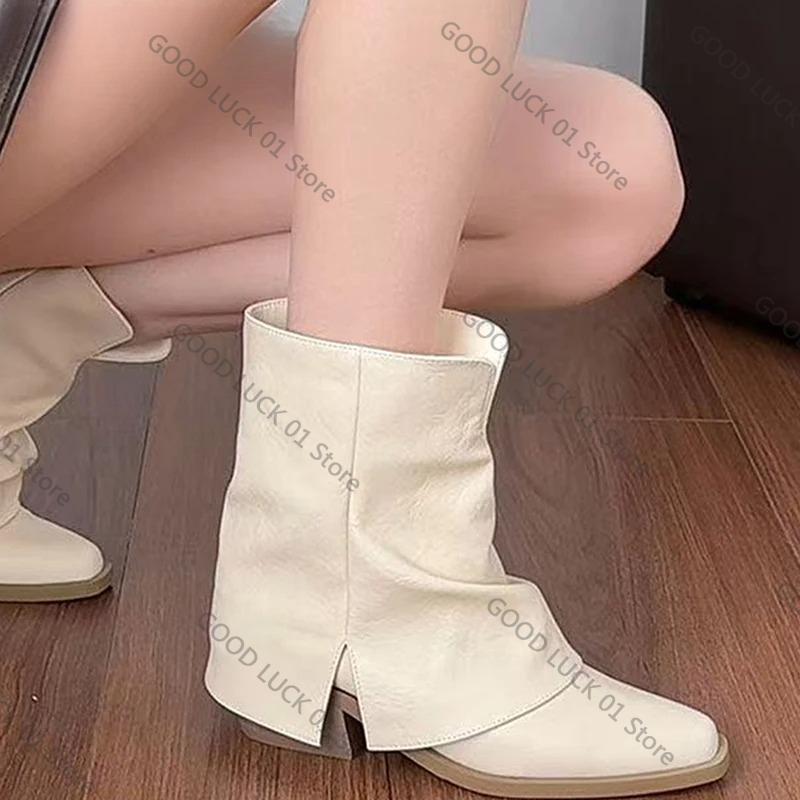 Fashion Vintage Thick Heel Women Ankle Boots Fashion Pointed Toe Pleated Shoes Autumn Winter Ladies Elegant Trouser Legs Short Booties