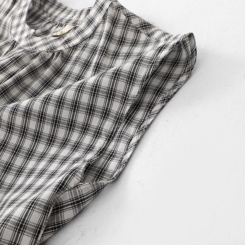 2026 Women's Black & White Plaid Drawstring V-Neck Cotton Sleeveless A-line Summer Dress
