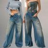 Pantaloni Jeans Lărgi Drepți pentru Femei Cu Detaliu Patchwork Bumbac Spălat Vintage Pantaloni Lungi cu Talie Medie