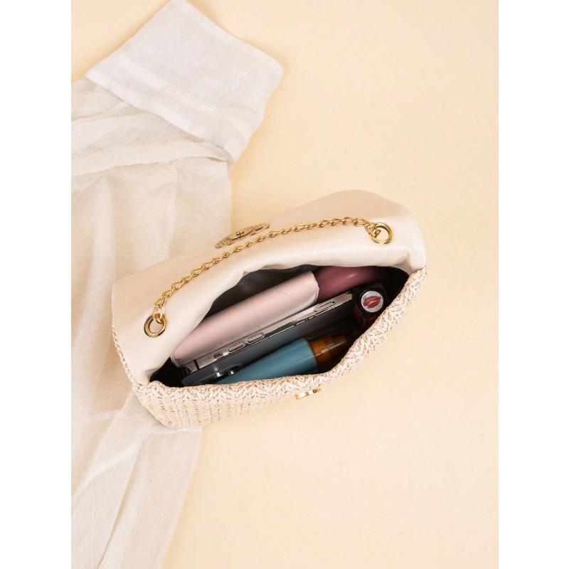 Chain Shoulder Bag Women's Small Square Woven Colorful Bag, Spring/Summer Casual Beach Bag for Women Large Capacity