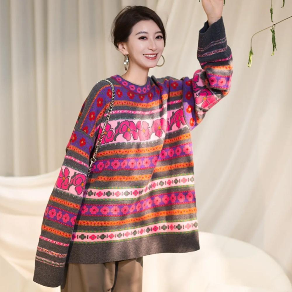 Spring Women Colorful Pink Sweaters Knitting Basic Fashion O-Neck Style Loose Pullover Sweater
