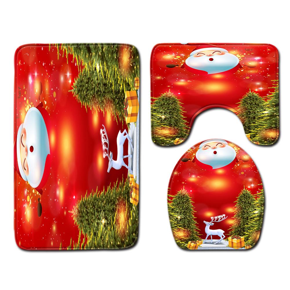 Christmas Waterproof Shower Curtain Floor Mat Four-Piece Set, Bathroom Water-Absorbing Non-Slip Door Mat, Shower Room Water-Absorbing Carpet