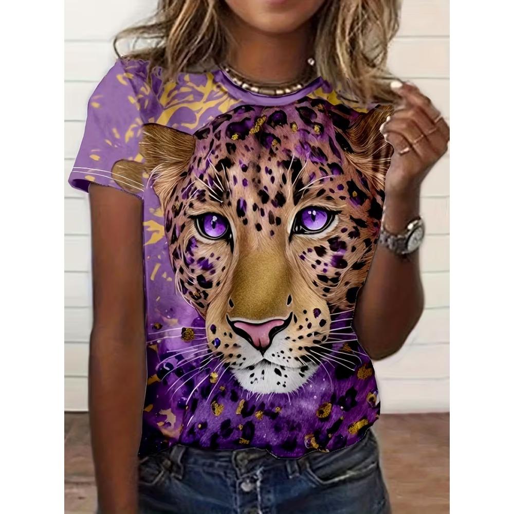 3D Printed Leopard Print Women's Short Sleeved T-shirt, Women's Top, Suitable for Daily Wear