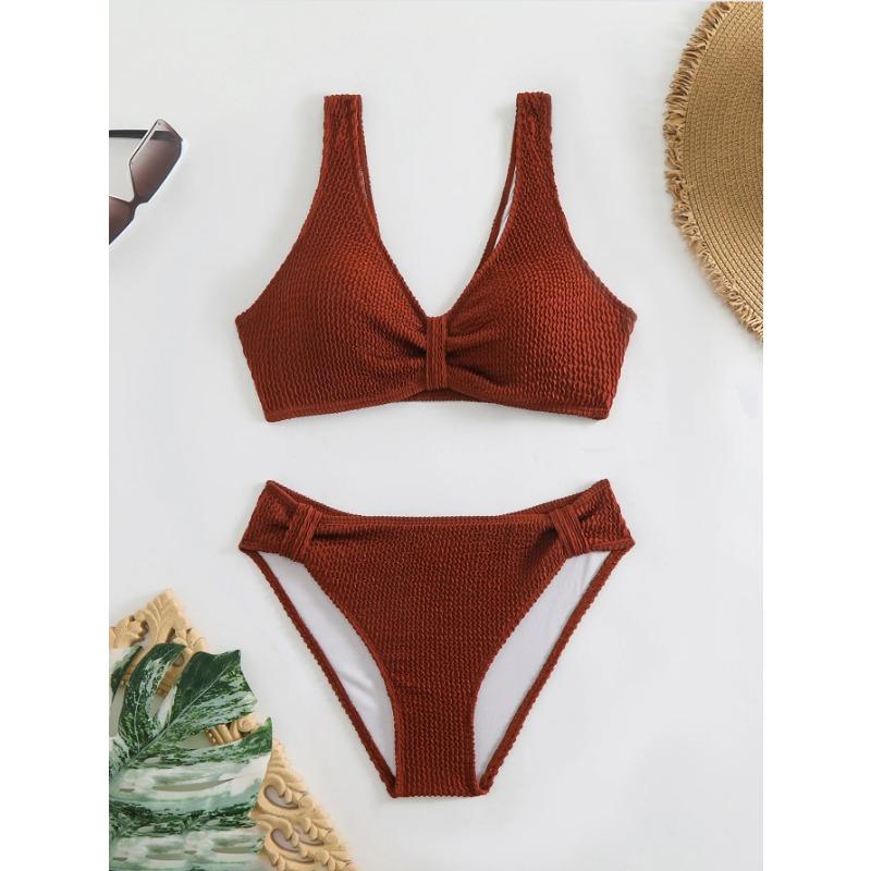 2025 Summer New Women's 2 Piece Swimsuit Solid Color High Waist Bikini Set V-neck Backless Beach Vacation Bathing Suit Swimwear