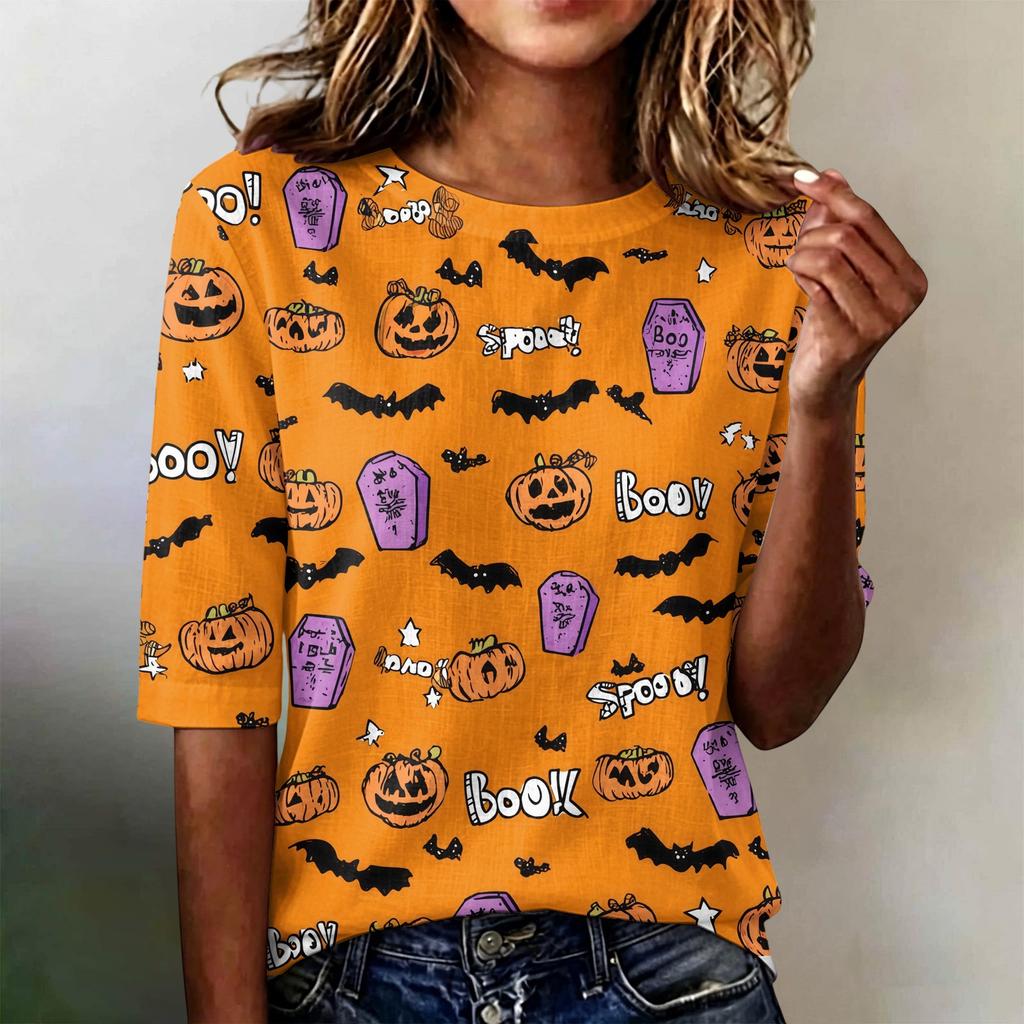 Women's Casual Loose Fit Short Sleeve T-Shirt Round Neck Lightweight Halloween Graphic Top for Everyday Wear
