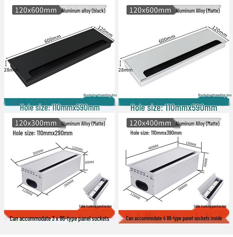 Aluminum Office Desk Cable Cover with Bristles - Sound-Dampening Rectangular Wire Organizer