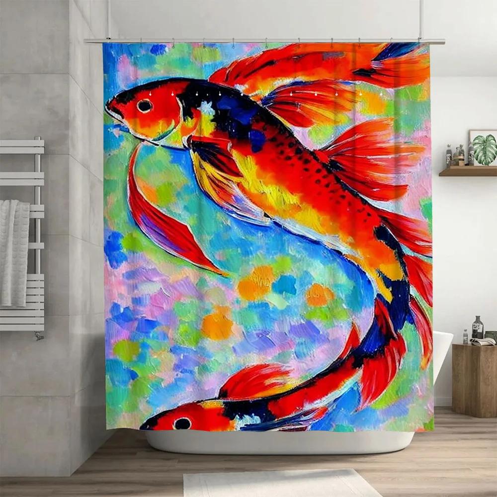 Vibrant Art Shower Curtain Modern Bathroom Decor with Fish Painting Design Waterproof Fabric for Home Bathrooms Available