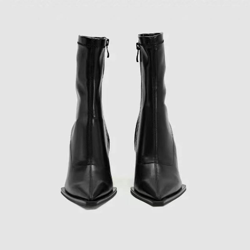 Leather Retro Niche Design Sense Fashionable Versatile Short Boots French Pointed 8CM Heel Heightened Elastic Thin Boots