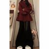 Korean Style Red Woolen Shawl Coat & Flared Pants Christmas Outfit