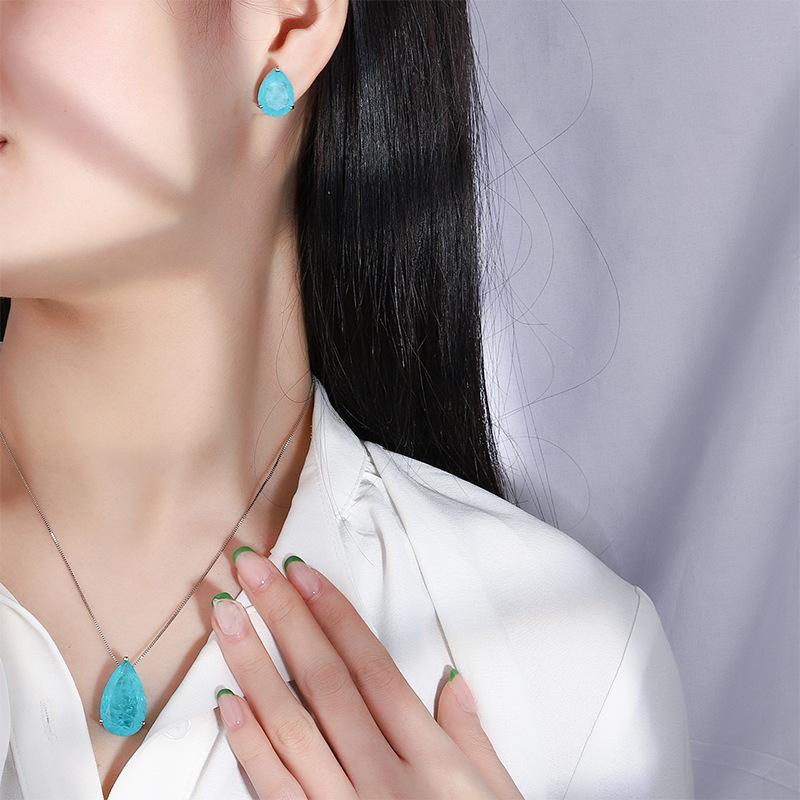 Schmuck Beliebt Imitation Paraiba Anhänger Halskette Ohrstecker Set Damen Geschenk Anhänger