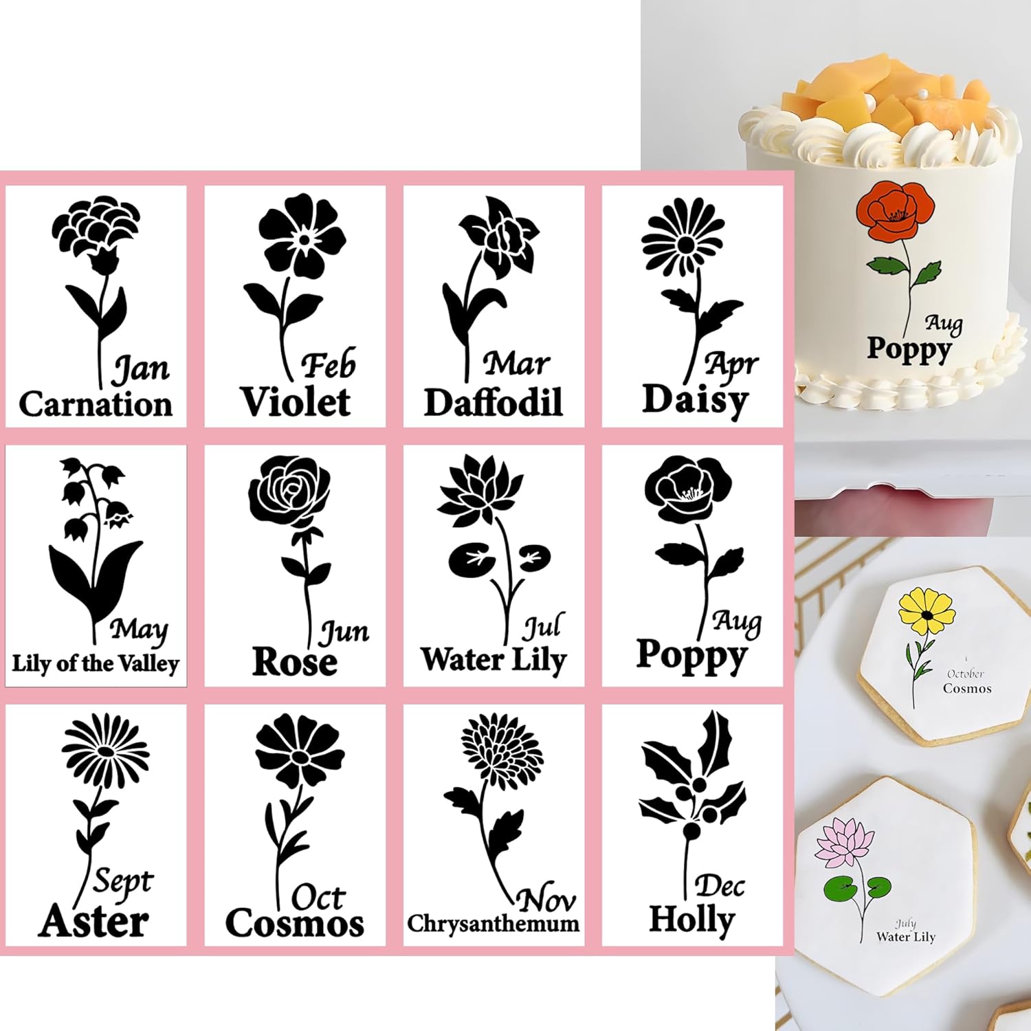 12Month Birth Flower Stencils Decor for Cookie Baking Painting,3x4Inch Reble Newborn Flowers Stencils for Cookie, Bake, Cup, Craft Painting, and DIY