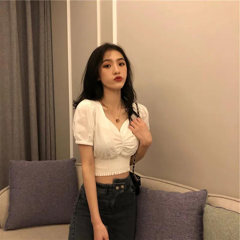 2021 V-neck Collar Sexy T-shirt Women Fashion Puff Sleeve Female Short Tops Slim Plus Size Black White Tees Women's Clothing