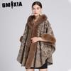 Осень и Зима Имитация Меха Кролика Рекс Воротник Жаккардовая Шаль Кейп Большого Размера Шерстяное Пальто Кардиган для Женщин