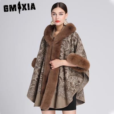 Herbst und Winter Imitation Rex-Kaninchenfell Kragen Jacquard Schal Umhang Übergröße Wollmantel Strickjacke für Damen