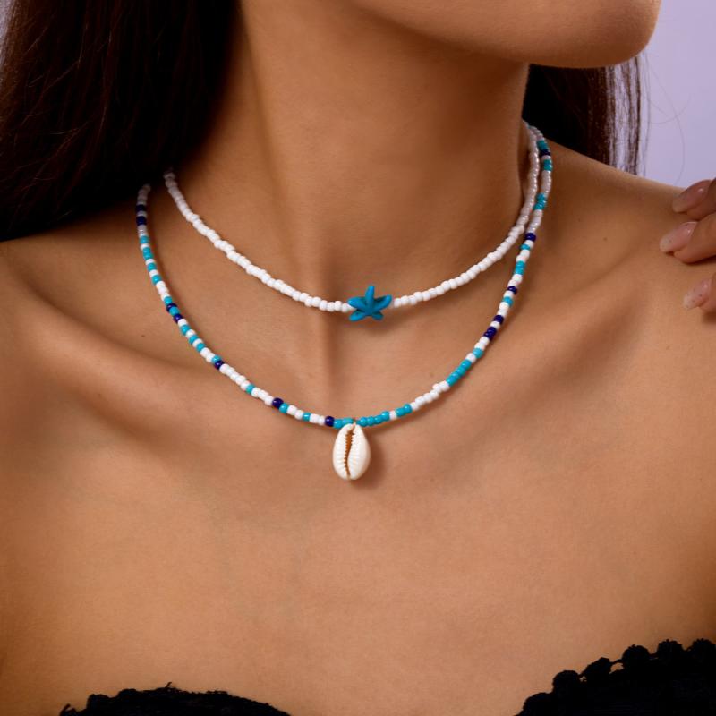 Bohemian Handmade Braided Beaded Seashell Starfish Pendant Clavicle Chain Necklace Women Beach Vacation Jewelry Accessories