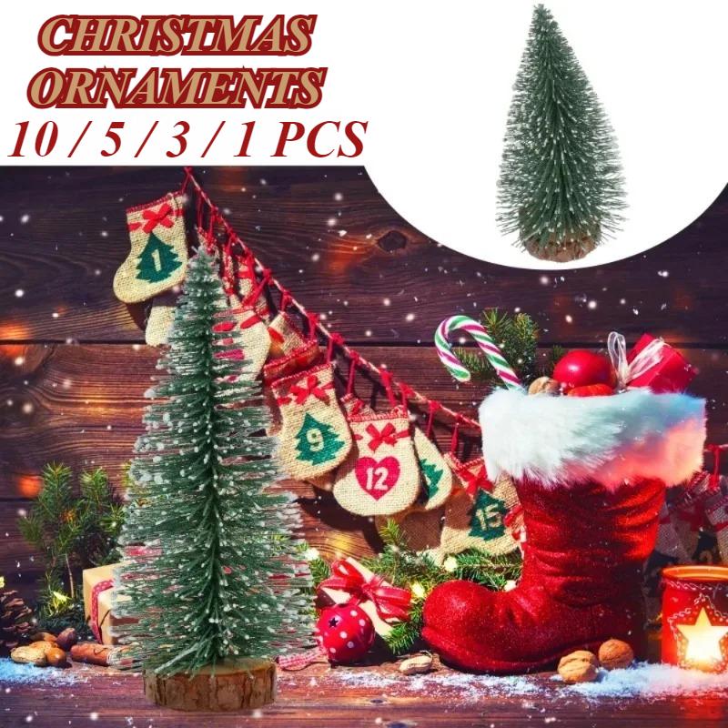 Mini Christmas Trees Artificial Pine Tabletop Decor Snow Top Dark Green Silver White Wood Base Xmas Party Decoration Decoration