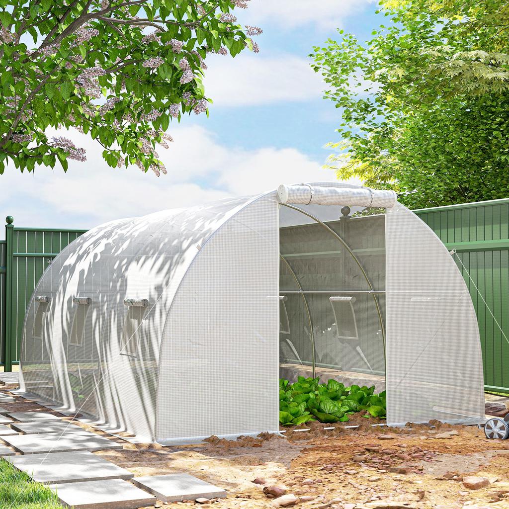 Tunnel Greenhouse, 13.5 m2, 6 Windows, Roll-Up Zippered Door, Galvanized Steel, 4.5 x 3 x 2 m, White