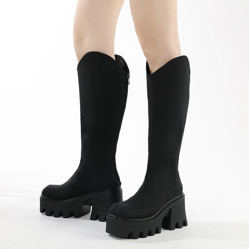 Women's boots autumn and winter wide mouth western black round head locomotive retro cool thick-soled knight boots