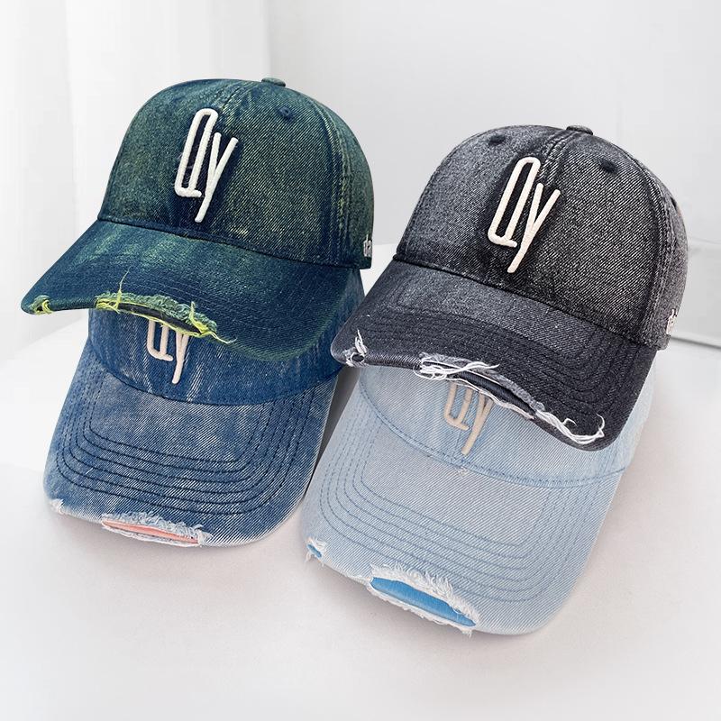 Washed Denim Hat for Men, Korean Style Vintage Sunshade Baseball Cap, Fashionable and Versatile, Embroidered Soft-top Distressed Duckbill Cap for