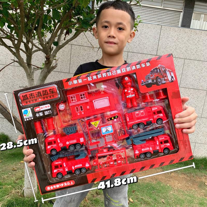 Construction Truck Fire Truck Inertia Pull Back Truck Set Gift Box Excavator Bulldozer Model Boy Toy