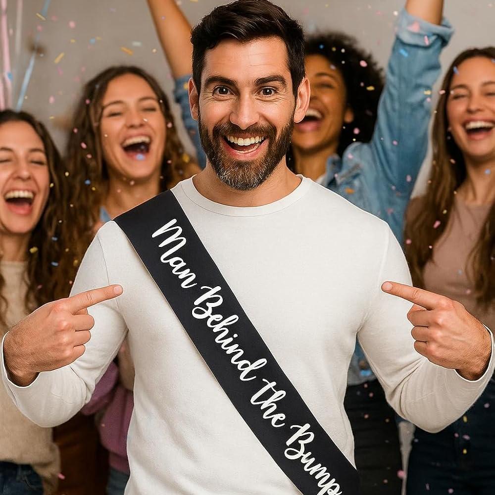 Man Behind The Bump Sash for Daddy To Be Baby Shower Party Decorations Gifts Supplies Gender Reveal Pregnant New Father Favors