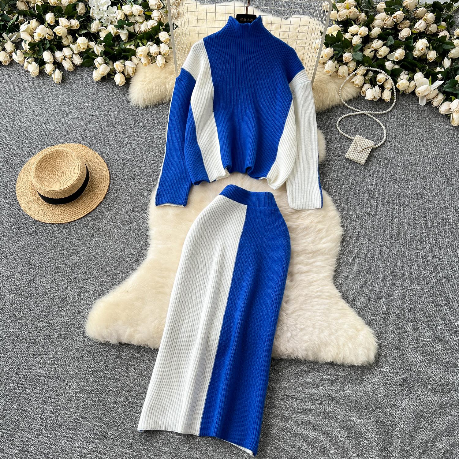 

Женский цветной трикотажный костюм в стиле пэчворк, теплый свитер с длинным рукавом и резинкой на талии, миди-юбки, комплекты одежды One Size синий