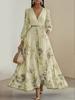 Women's Floral V Neck Maxi Dress 3/4 Bell Sleeve Tie Waist A Line Elegant Summer Long Dress