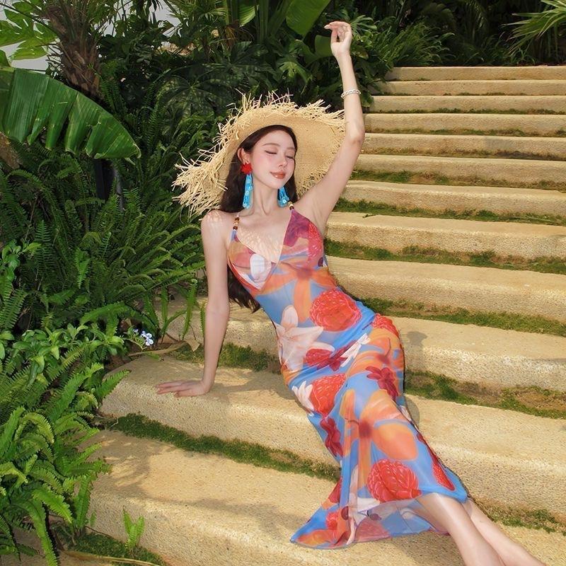 Thailand Summer Dopamine Print Halter Island Suspender Dress Strap Seaside Beach Tropical Vacation Slim Fit