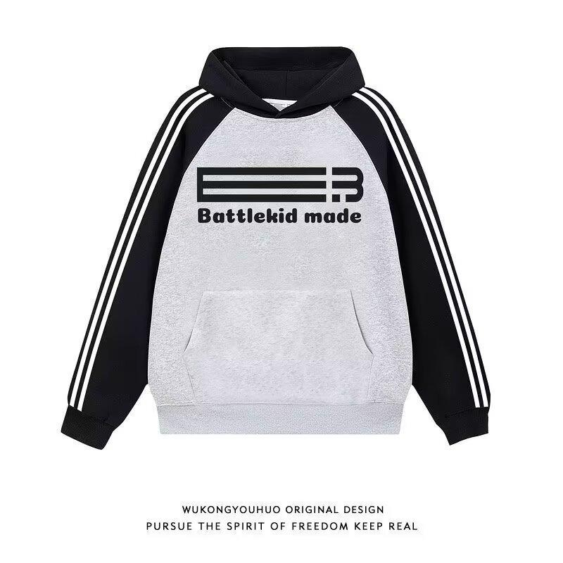 Guochao Unisex American Retro Three-Stripes Oversized Hoodie for Spring/Autumn Streetwear M