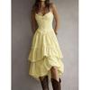 Popular, vestido saia de babados com suspensório, cintura fina e elegante