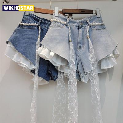 Blauwe Jeans Shorts Dames Denim Shorts Patchwork Ruches Y2k met Riem Jeans Koreaanse Meisje Hete Shorts Zomer Streetwear 2026
