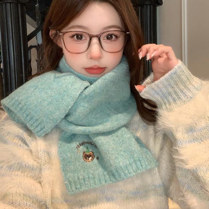 Japanese cute bear knitted scarf women's winter short thickened warm versatile blue wool small scarf neck protector