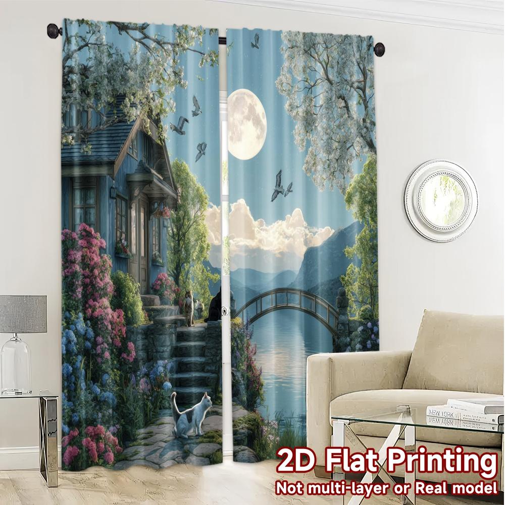2pcs   2D FLAT PRINTING Curtains (Without Rod) Moonlit Haven Modern Pattern Curtains Versatile Polyester Curtains Festive for